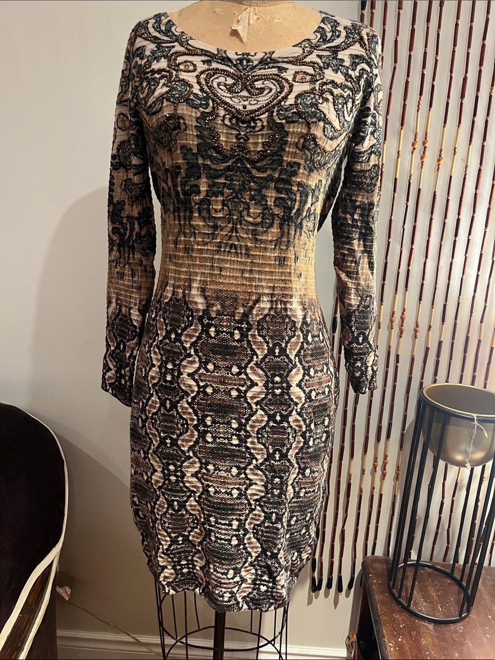 Textured Long-Sleeve Midi Dress in Brown and Black
